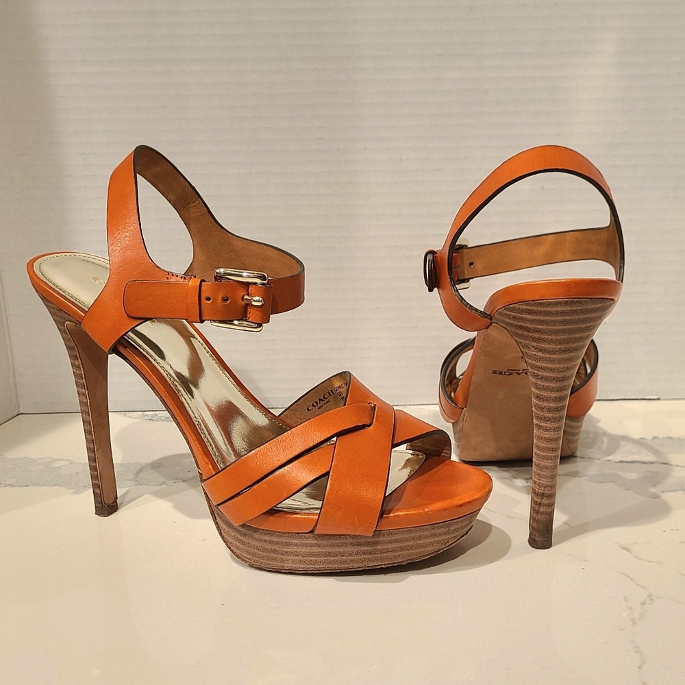 Coach Dani Leather Platform Open-toe Sandal in Orange Papaya Sz 8 - Picture 3 of 14